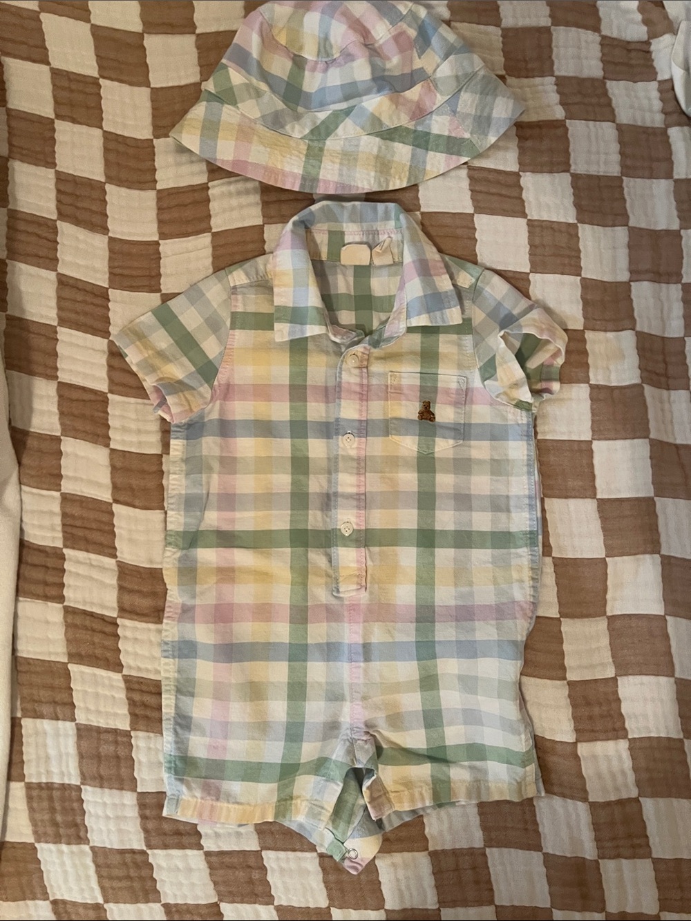 Baby Gap Pastel Plaid Baby Romper with Matching Bucket Hat